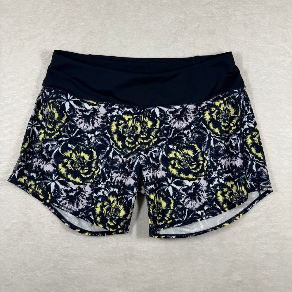 oiselle Black Floral Running Shorts with Yellow Highlights